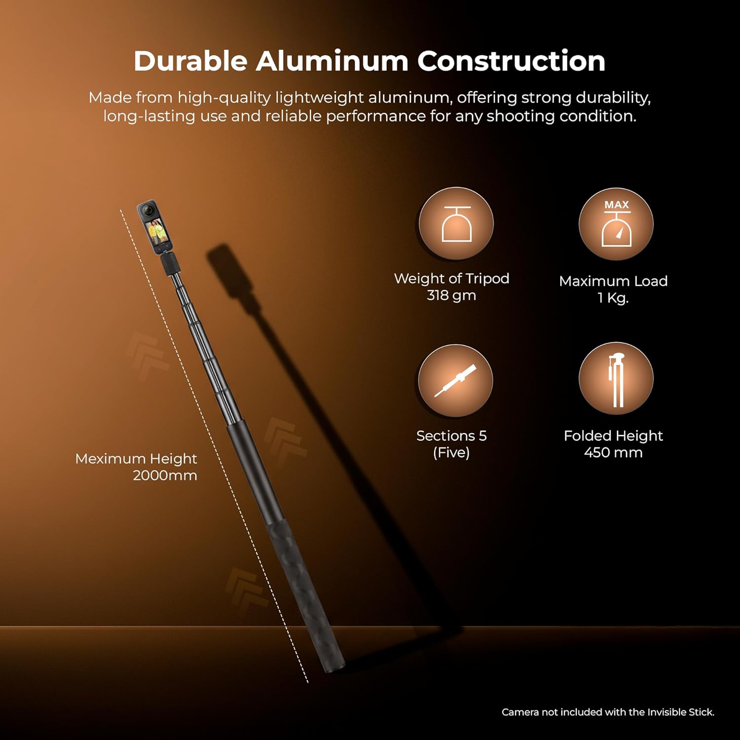 Digitek (DTR 650 IS) Aluminum Alloy 2 Meter Invisible Stick for GoPro Hero 11/10/9/8/7/6/5, Insta360 One X2/X3/X4/RS/Go 2, DJI Action 2/3 Cameras