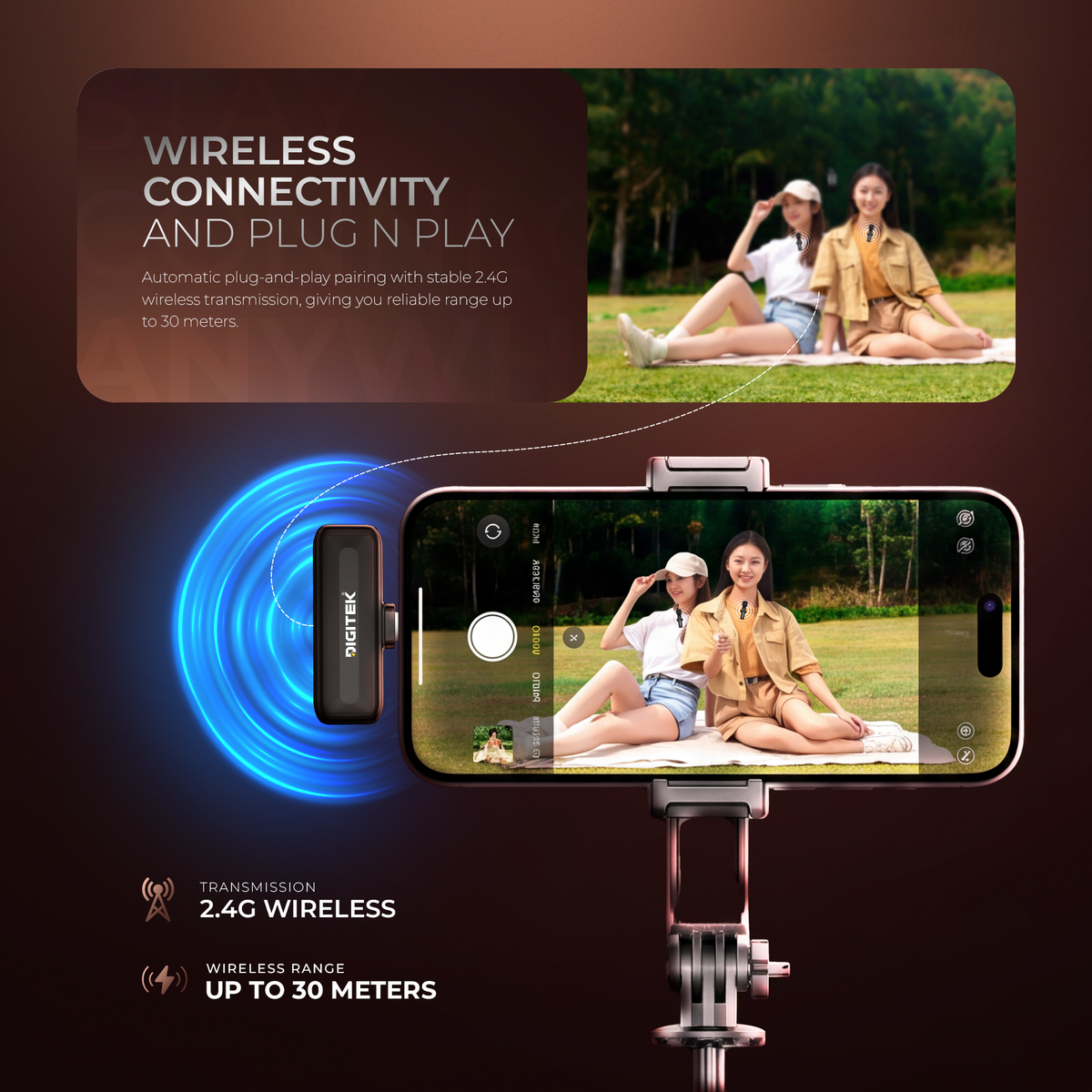 Digitek DWM-302 Wireless Microphone System for iPhone with Lightning Port, 2.4GHz Wireless Lavalier Mic, ENC Noise Reduction, Plug & Play, Up to 30m Range, 5 Hours Battery, Ideal for Vlogging, Live Streaming & Interviews