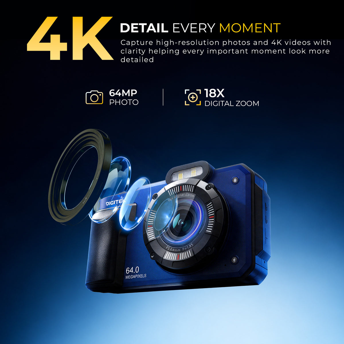 Digitek DAC-204 4K Digital Camera, 64MP Photo Resolution, 4K Ultra HD Video Recording, 2.88 Inch LCD Screen, Auto Focus, 18X Digital Zoom, WiFi Control, Slow Motion, Time-Lapse, Type-C Charging