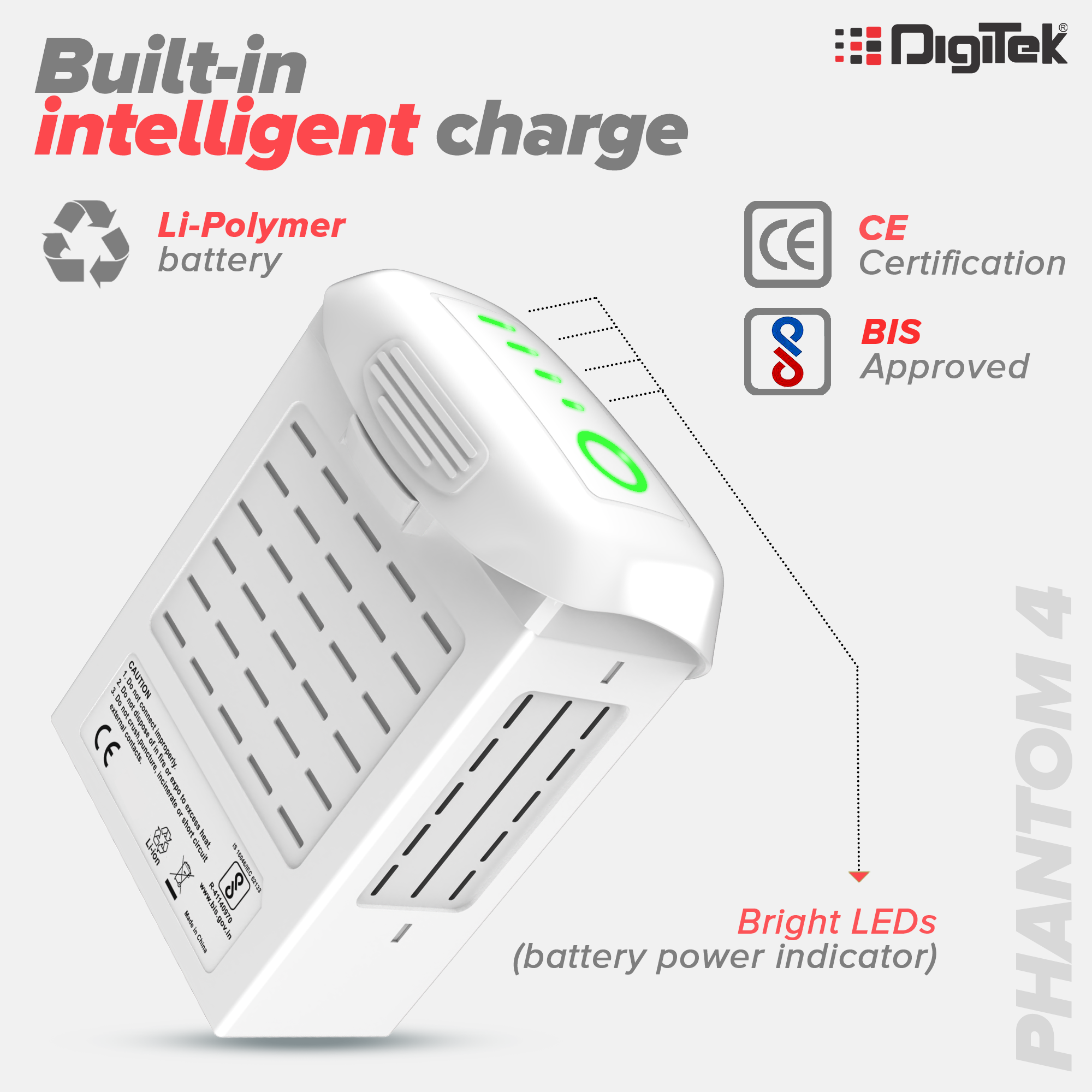 Digitek (DJI Phantom 4) Lithium-ion Rechargeable Battery with LED Indicator and Smart IC | Compatible with Phantom 4 Series Drones, up to 28 Minute Flying time