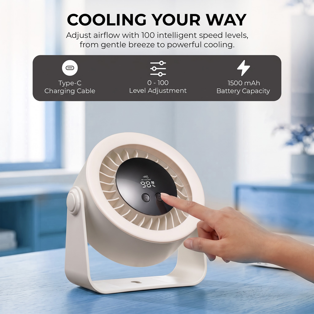 Digitek DPF-01 Portable Rechargeable Desk Fan, 5 Speed Levels, 360° Adjustable Airflow, 2000mAh Battery, Type-C Fast Charging, LED Battery Indicator, Compact USB Fan for Home, Office & Travel