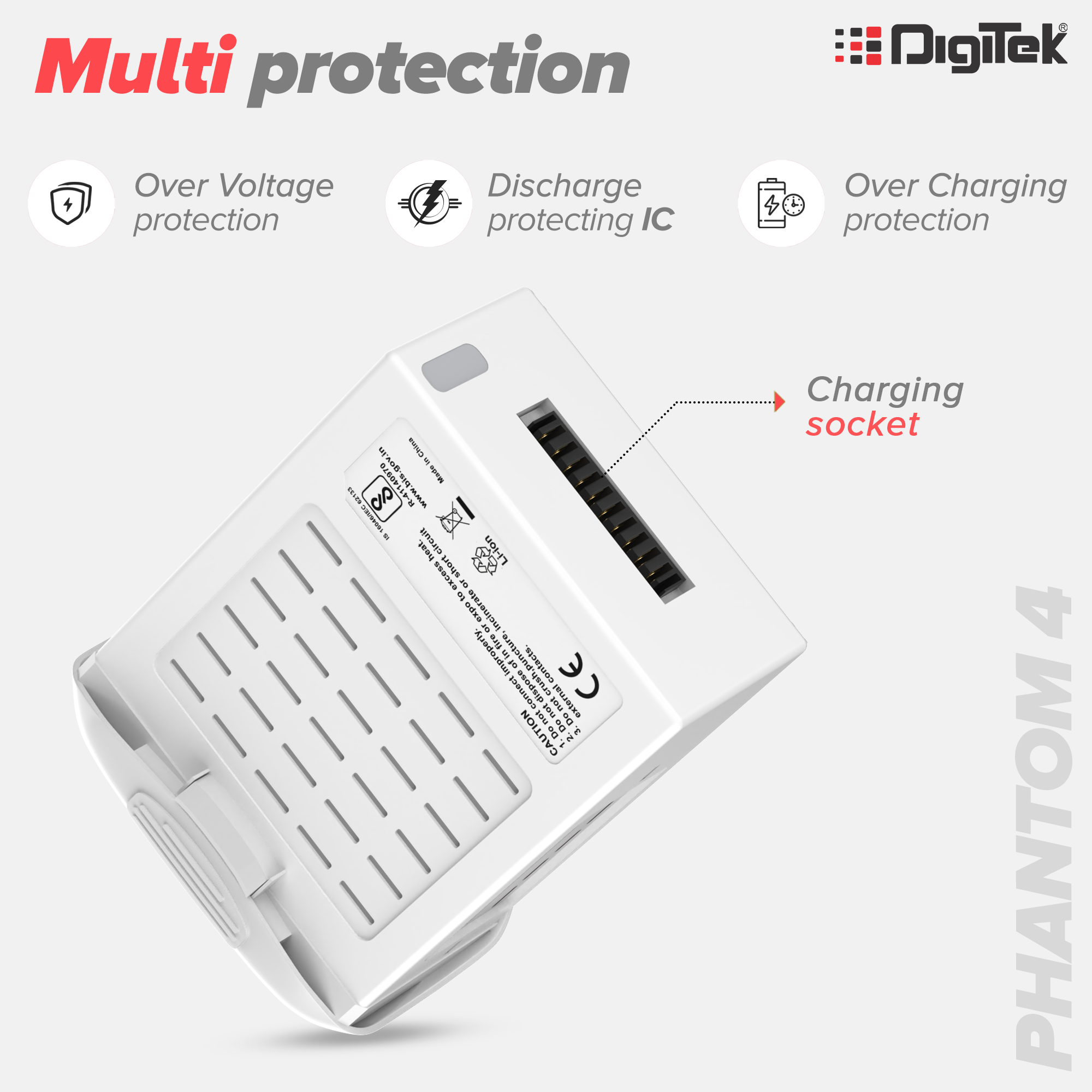 Digitek (DJI Phantom 4) Lithium-ion Rechargeable Battery with LED Indicator and Smart IC | Compatible with Phantom 4 Series Drones, up to 28 Minute Flying time
