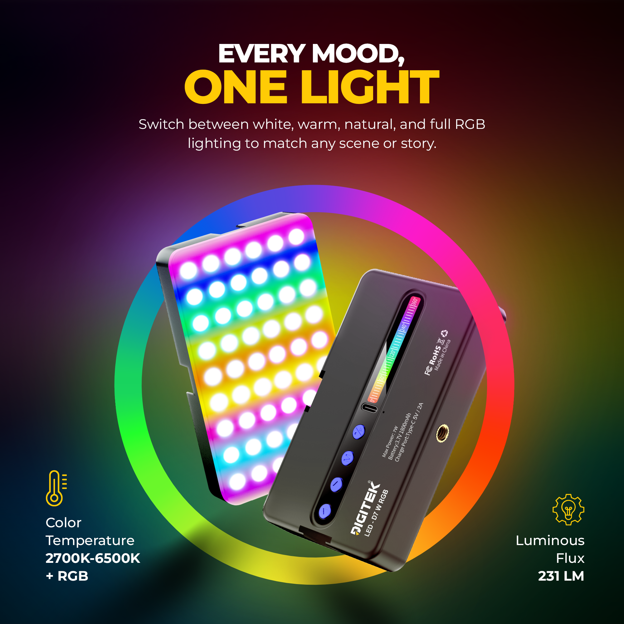 Digitek LED-D7W RGB Video Light, 7W Portable LED Pocket Light, 2700K–6500K + RGB, 16 RGB FX Modes, 138 LED Beads, 1800mAh Battery, Type-C Charging, 1/4" Screw & Cold Shoe Mount for Camera & Smartphone
