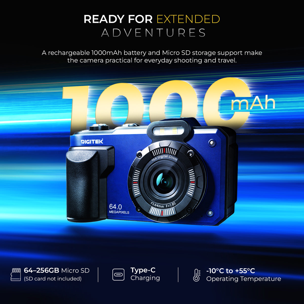 Digitek DAC-204 4K Digital Camera, 64MP Photo Resolution, 4K Ultra HD Video Recording, 2.88 Inch LCD Screen, Auto Focus, 18X Digital Zoom, WiFi Control, Slow Motion, Time-Lapse, Type-C Charging