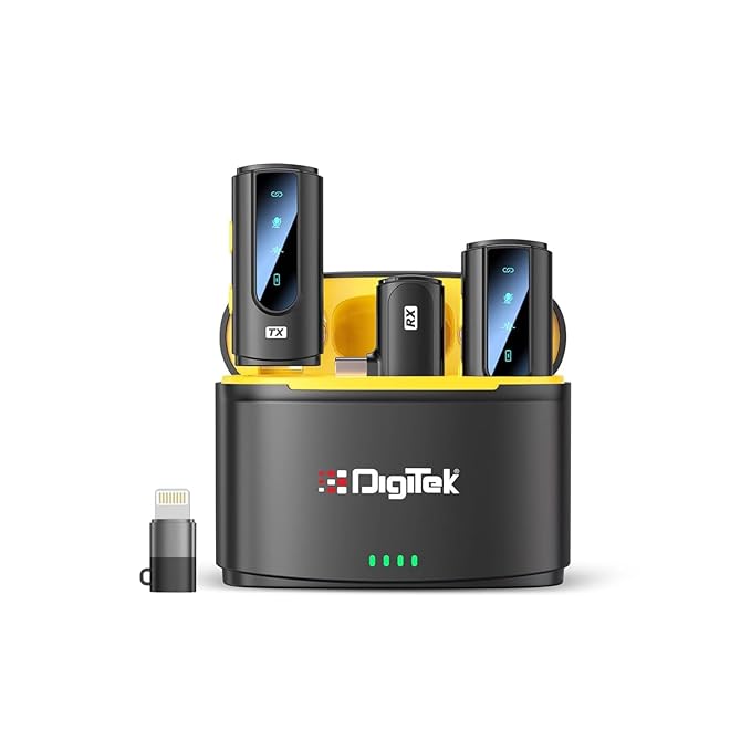 Digitek (DWM 112) 2-in-1 Wireless Microphone System, 50M Range, Noise Reduction, 7Hrs Run Time, 2.4G, Type C to Lightning, for Android / iOS, Seamless Audio Recording, Vlogging, YouTube & More