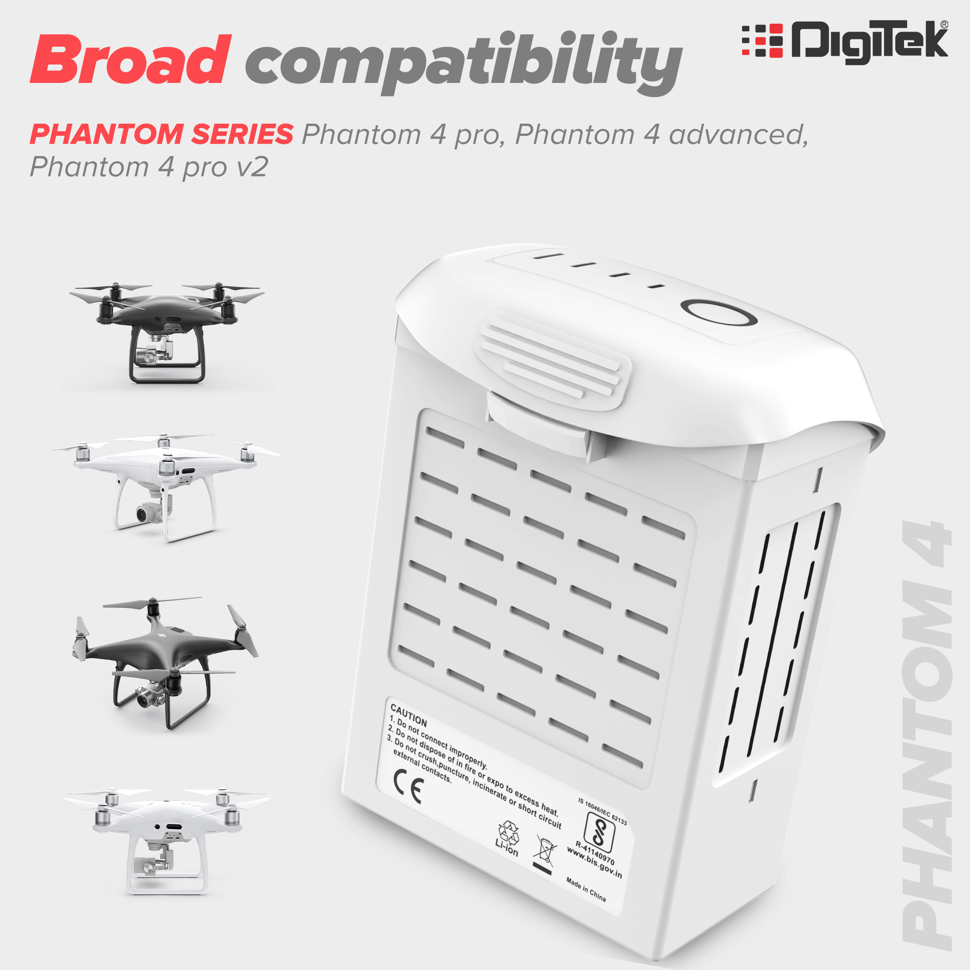Digitek (DJI Phantom 4) Lithium-ion Rechargeable Battery with LED Indicator and Smart IC | Compatible with Phantom 4 Series Drones, up to 28 Minute Flying time