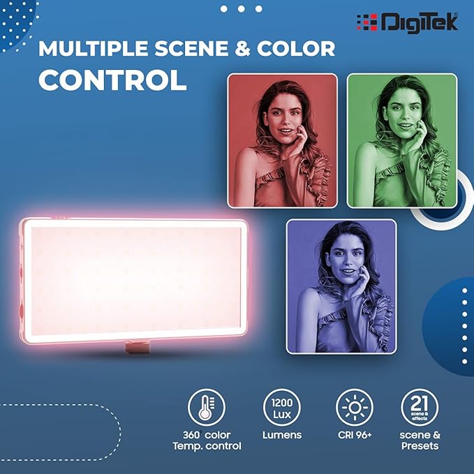 DIGITEK® (LED-D135 N ML) 12W Metal Body RGB LED Light with OLED Display, Adjustable Brightness & 360° Color Control, USB-C Charging, 21 Preset Effects, Multi-Scene Lighting for Photo & Video Shoots