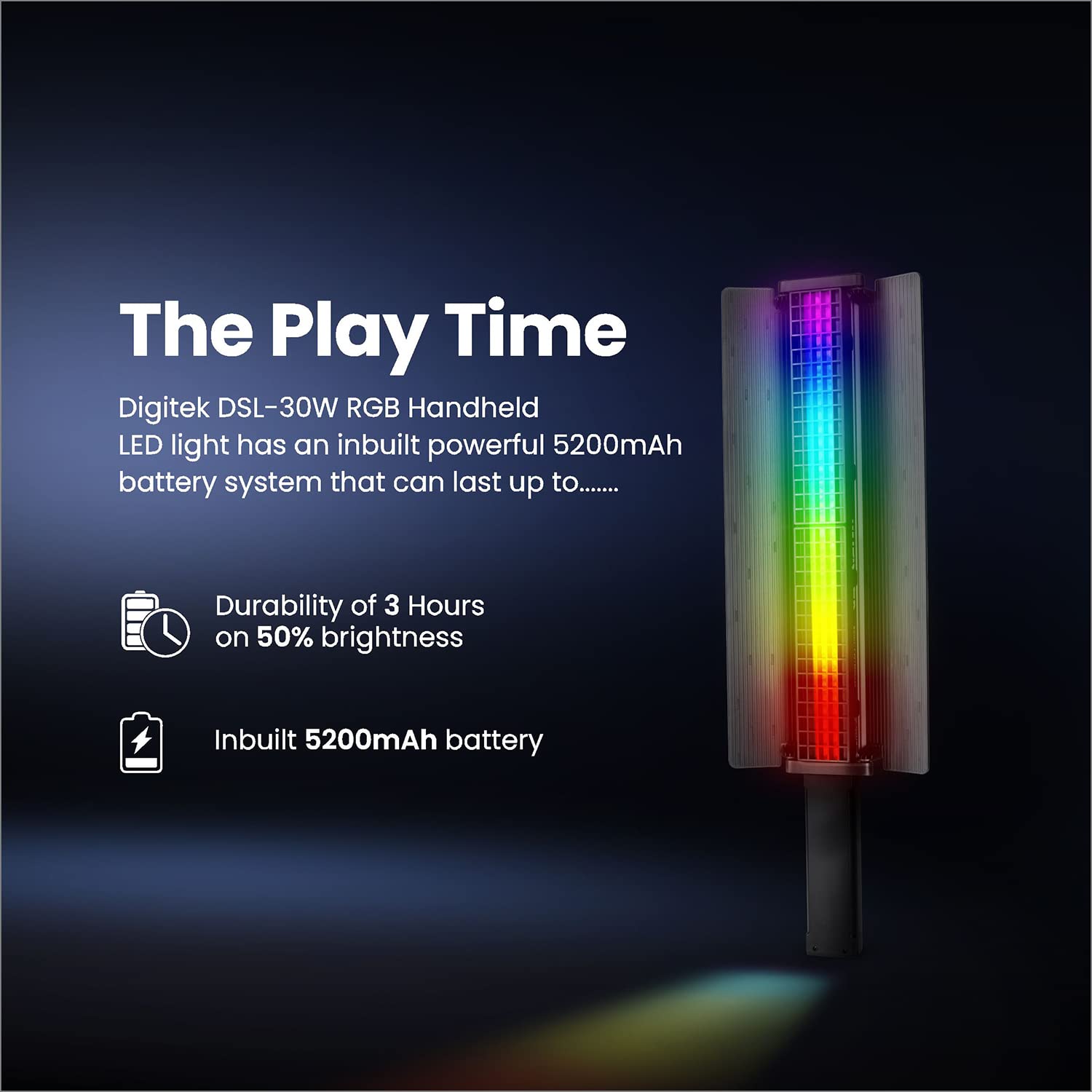 Digitek (DSL 30W RGB) Portable Handheld RGB LED Light Wand with Grid, Diffuser & Barn Door Comes with a 5200mAh Built in Battery Pack.