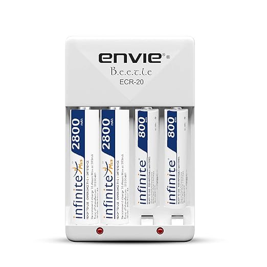 ENVIE (ECR20 2800 800 2PL) High Speed Wall Plug Charger ECR 20 for AA & AAA Ni-mh/Ni-cd Rechargeable Batteries | 2000MA Output Current | with 2 xAA2800 & 2xAAA800 Rechargeable Batteries (ECR20 2800 800 2PL)