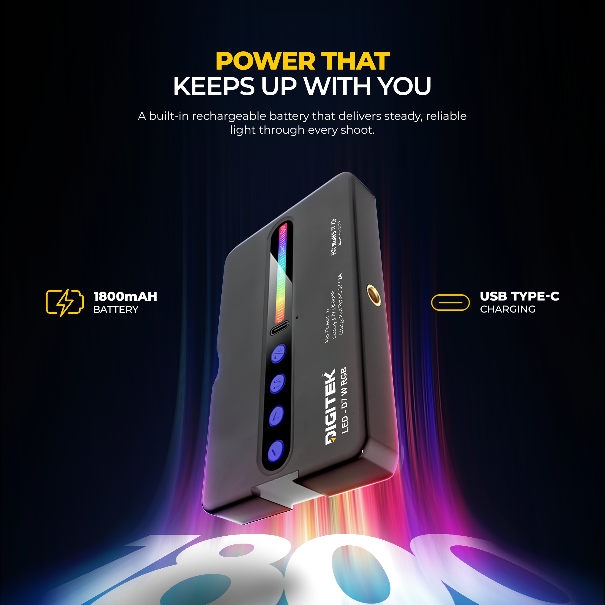 Digitek LED-D7W RGB Video Light, 7W Portable LED Pocket Light, 2700K–6500K + RGB, 16 RGB FX Modes, 138 LED Beads, 1800mAh Battery, Type-C Charging, 1/4" Screw & Cold Shoe Mount for Camera & Smartphone