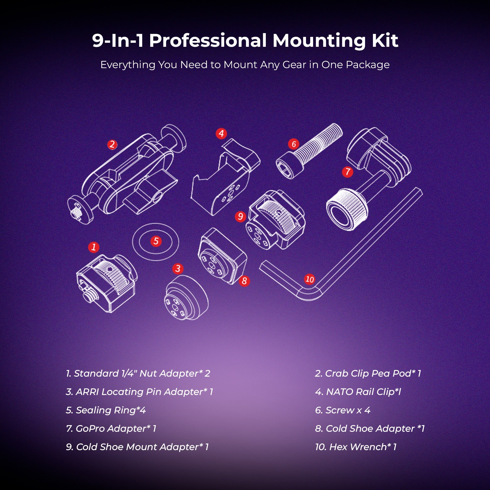 Digitek (DCC 002) Crab Clip Pea Pod Kit, Cold Shoe, NATO Rail, GoPro Adapter, ARRI Locating Pin & Standard 1/4'' Nut for Action Cameras, Cam Cages, DSLR, GoPro & Phone Mounting Clip Accessories
