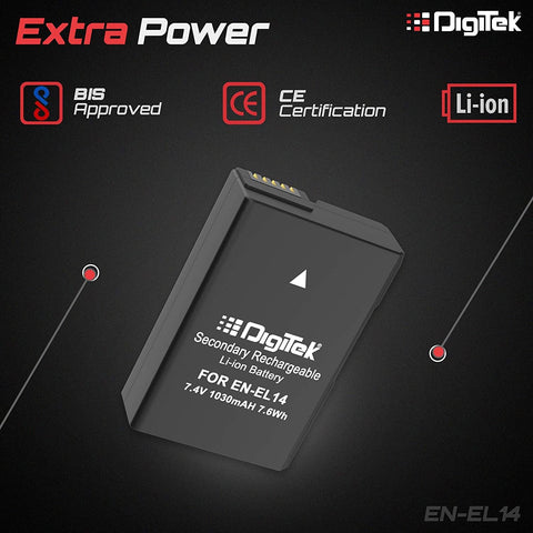Digitek (ENEL14 Platinum) 1400 mAh Secondary Rechargeable Battery Packs for Digital Camera . Compatiable With Nikon D3100 D3200 D3300 D3400 D3500 D5100 D5200 D5300 D5500 D5600 & COOLPIX P7000 P7100 P7700 & P7800.