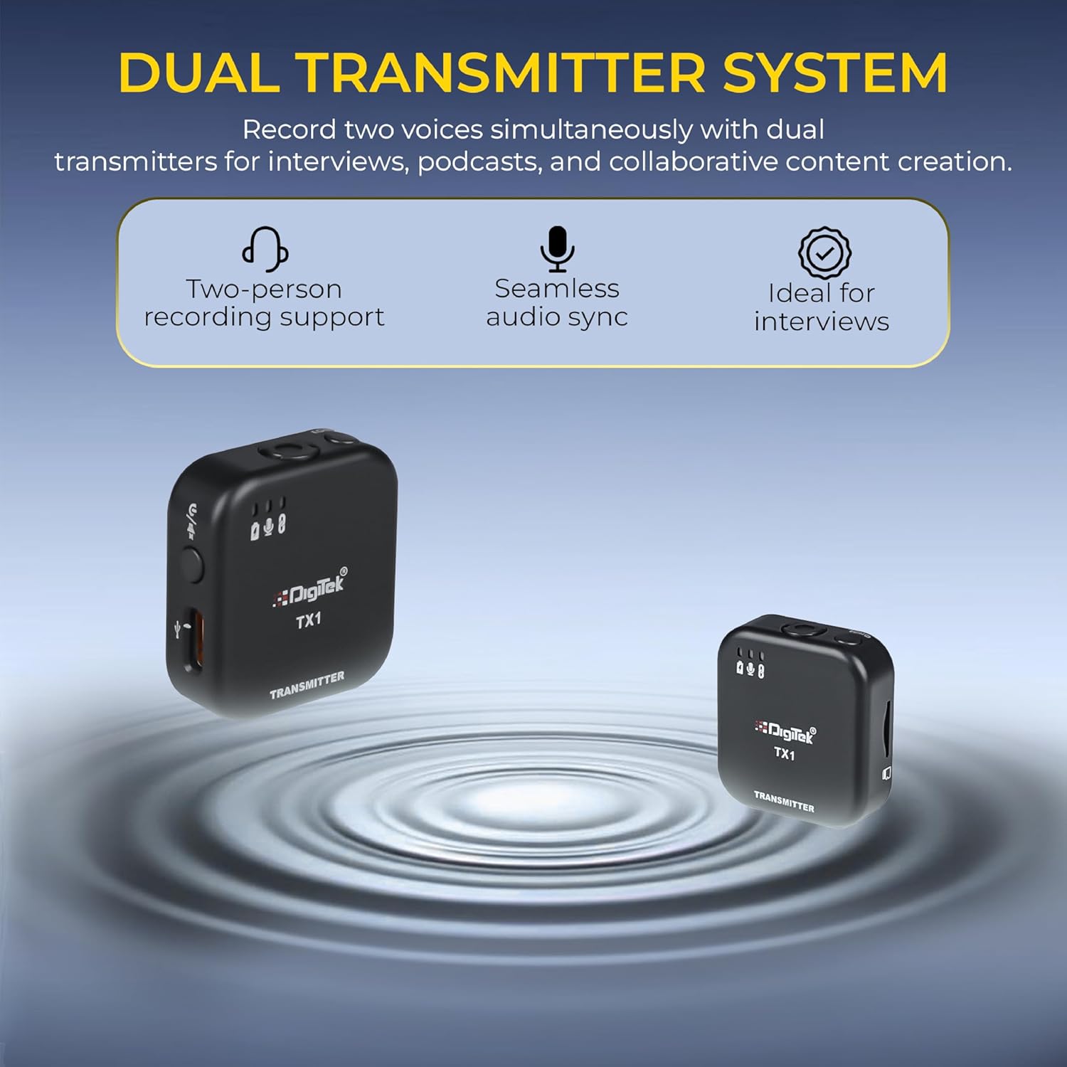 Digitek DWM 122 Wireless Microphone System with Wireless Audio Monitoring, TF Card Support, Type C & LTC Connector, 80M Range, 4.5Hr Run Time, Record with Android iOS Smartphone and DSLR for Vlogging, Interviews & Podcast