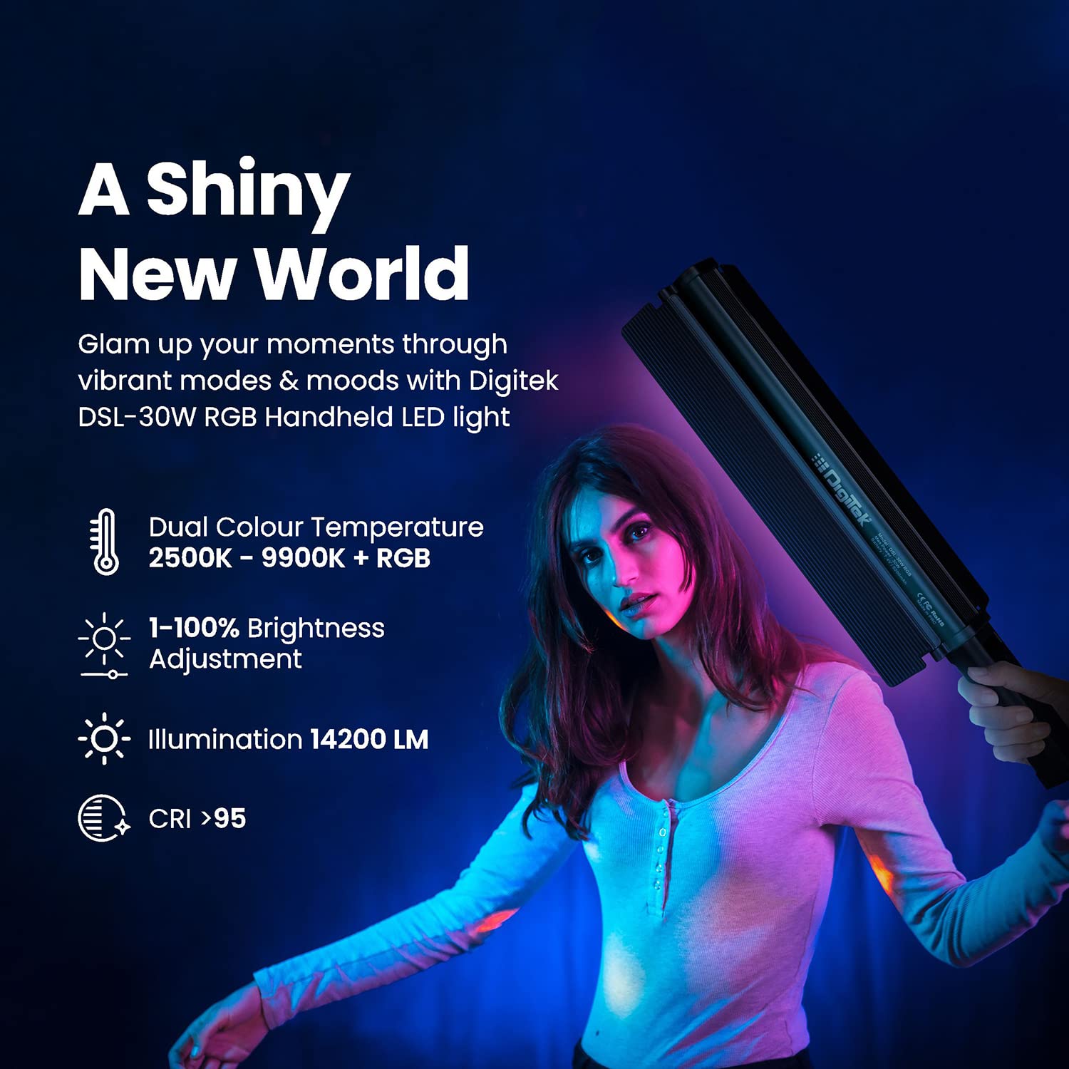Digitek (DSL 30W RGB) Portable Handheld RGB LED Light Wand with Grid, Diffuser & Barn Door Comes with a 5200mAh Built in Battery Pack.