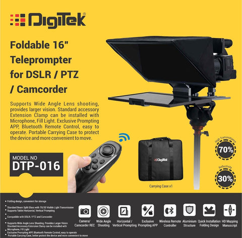 Digitek (DTP-016) 16” Digitek Teleprompter for Smartphone & DSLR Supports w/Remote Control, APP Compatible with iOS & Android System for Video Creator