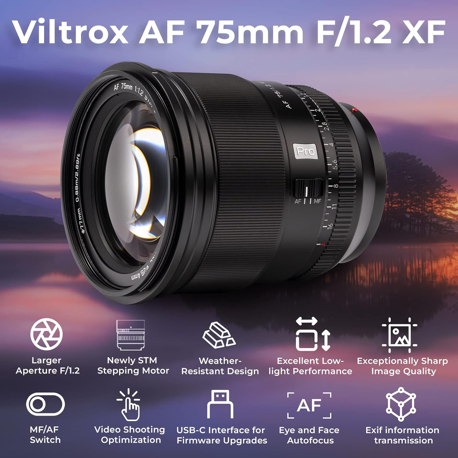 Viltrox 75mm F1.2 Pro Level Autofocus Lens, Compatible with Fuji X-Mount Mirrorless Cameras X-A7 X-E2S X-E3 X-E4 X-H1 X-H2 X-H2S X-Pro2 X-Pro3 X-S10 X-T1 X-T1 IR X-T10 X T100 X-T2 X-T20 X-T200 X-T3