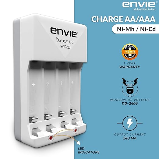 ENVIE (ECR20 2800 800 2PL) High Speed Wall Plug Charger ECR 20 for AA & AAA Ni-mh/Ni-cd Rechargeable Batteries | 2000MA Output Current | with 2 xAA2800 & 2xAAA800 Rechargeable Batteries (ECR20 2800 800 2PL)
