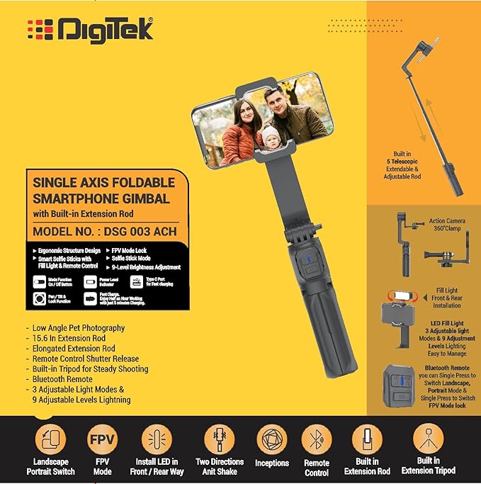 Digitek (DSG 003 ACH) Single Axis Foldable Smartphone Gimbal with Built in Extendable Telescopic Rod