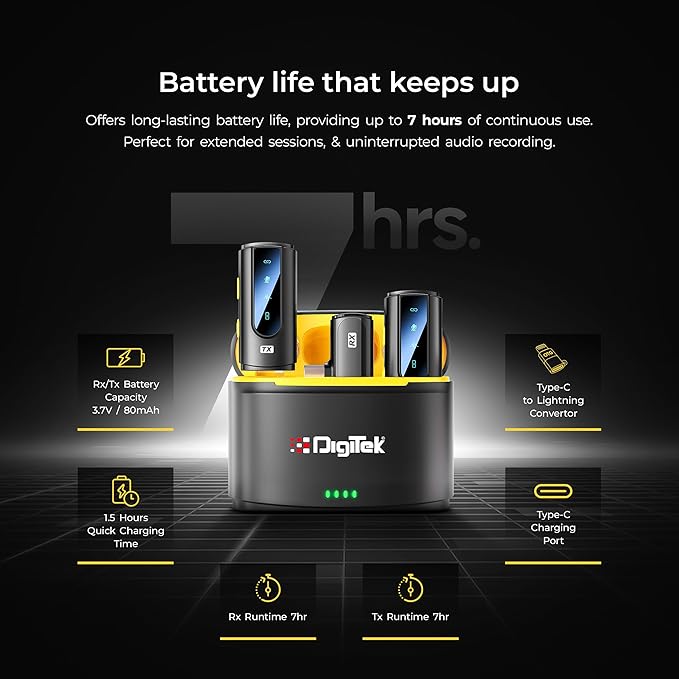 Digitek (DWM 112) 2-in-1 Wireless Microphone System, 50M Range, Noise Reduction, 7Hrs Run Time, 2.4G, Type C to Lightning, for Android / iOS, Seamless Audio Recording, Vlogging, YouTube & More