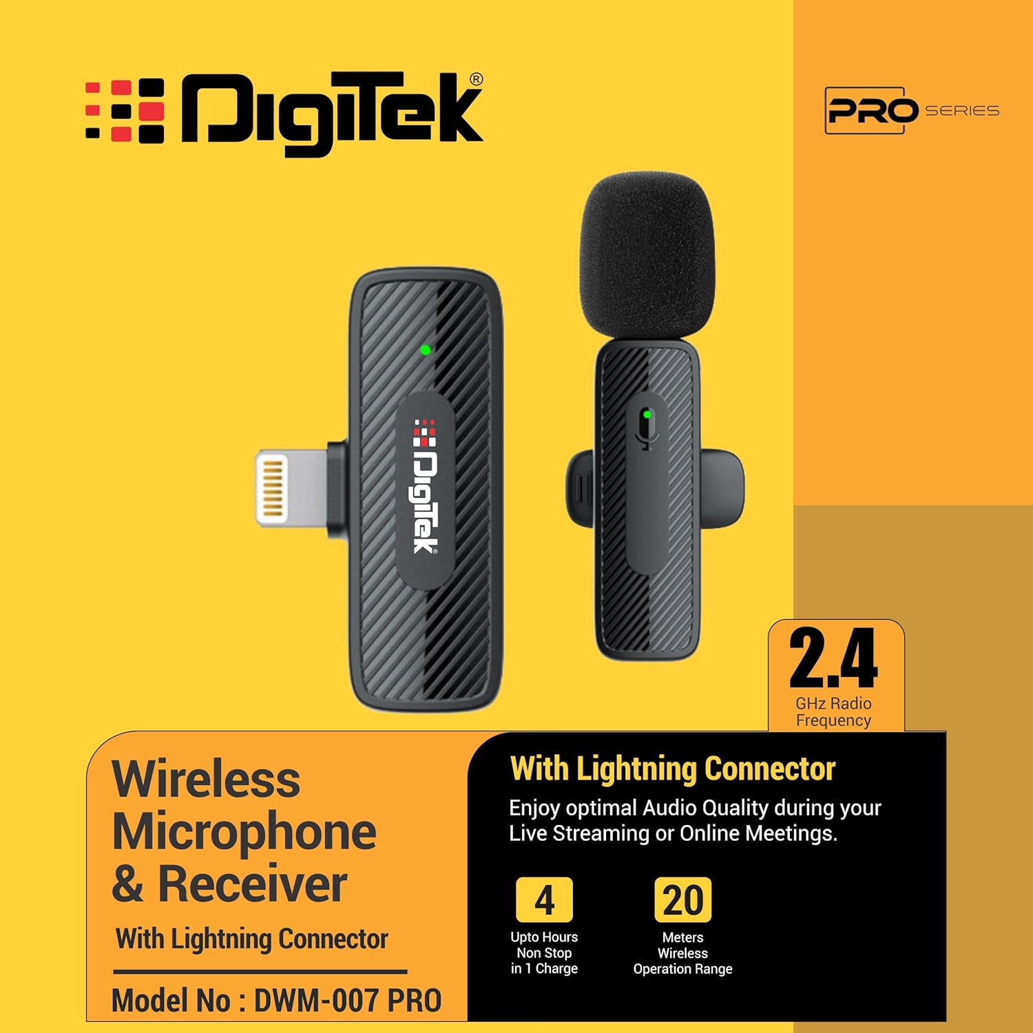 Digitek® (DWM-007 PRO) Wireless Microphone & Receiver with Lightning Connector, 2.4GHz Frequency, 4Hr Battery, 20m Range, Compatible with iPhone & iPad, For Voice Recording, Interview & Live Streaming
