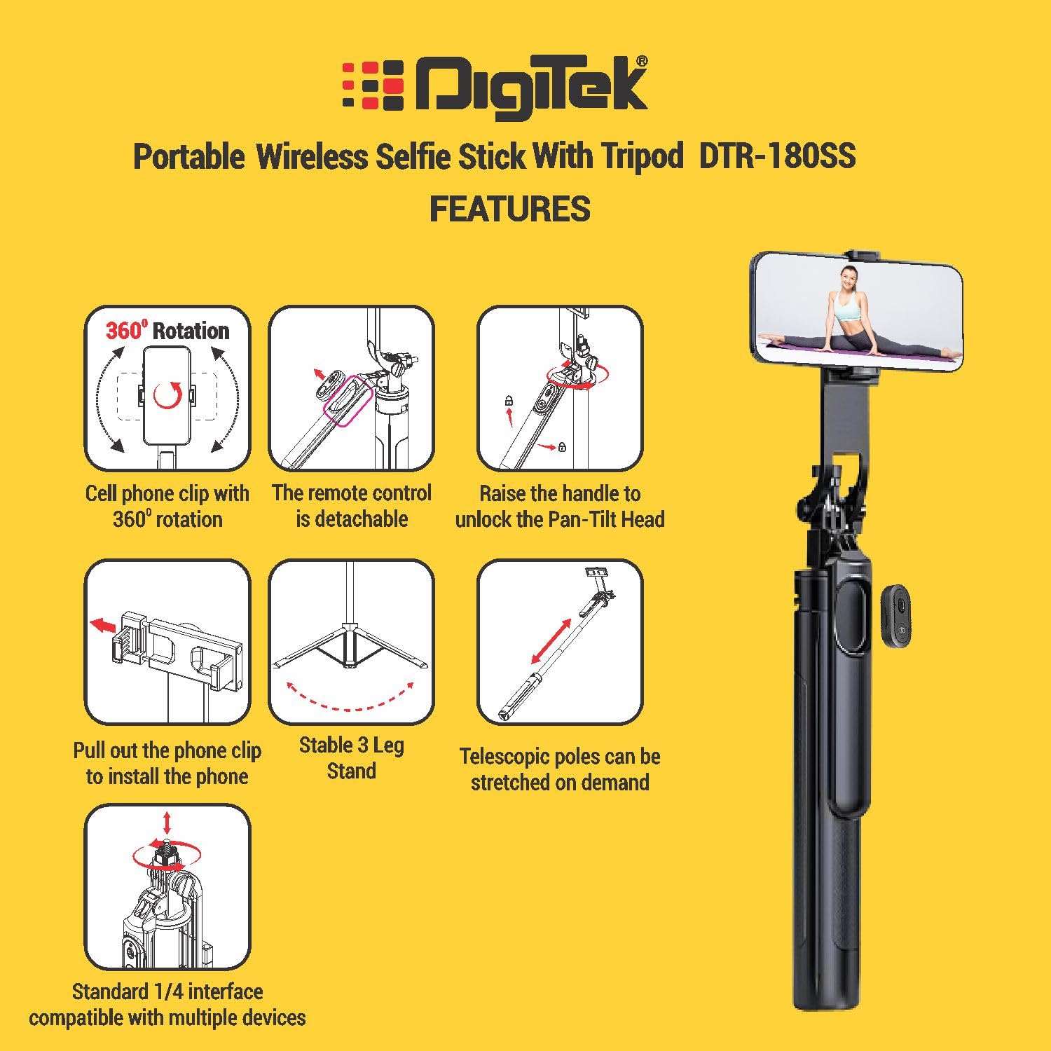 Digitek DTR-180SS Portable Wireless Selfie Stick with Tripod