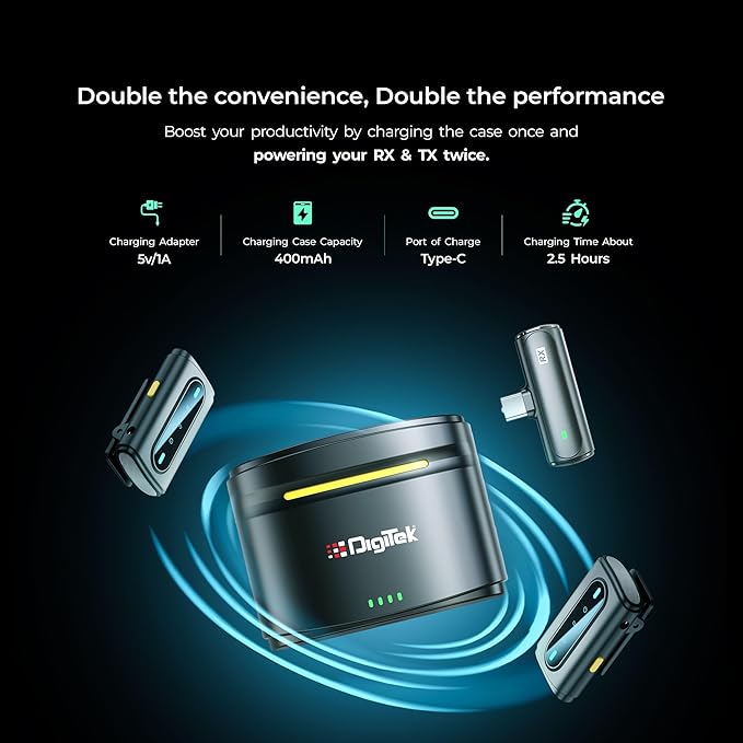 Digitek (DWM 112) 2-in-1 Wireless Microphone System, 50M Range, Noise Reduction, 7Hrs Run Time, 2.4G, Type C to Lightning, for Android / iOS, Seamless Audio Recording, Vlogging, YouTube & More