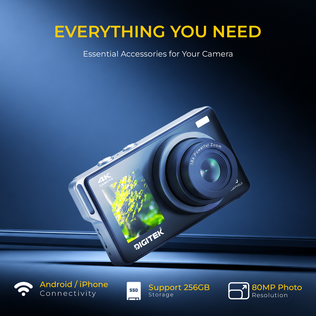 Digitek DAC-203 4K Digital Camera, 80MP Photo Resolution, 4K 30FPS Video, 18X Digital Zoom, Dual LCD Screen, 65°-100° Lens, Auto Focus, Built-in Fill Light, WiFi Connectivity, Type-C Charging
