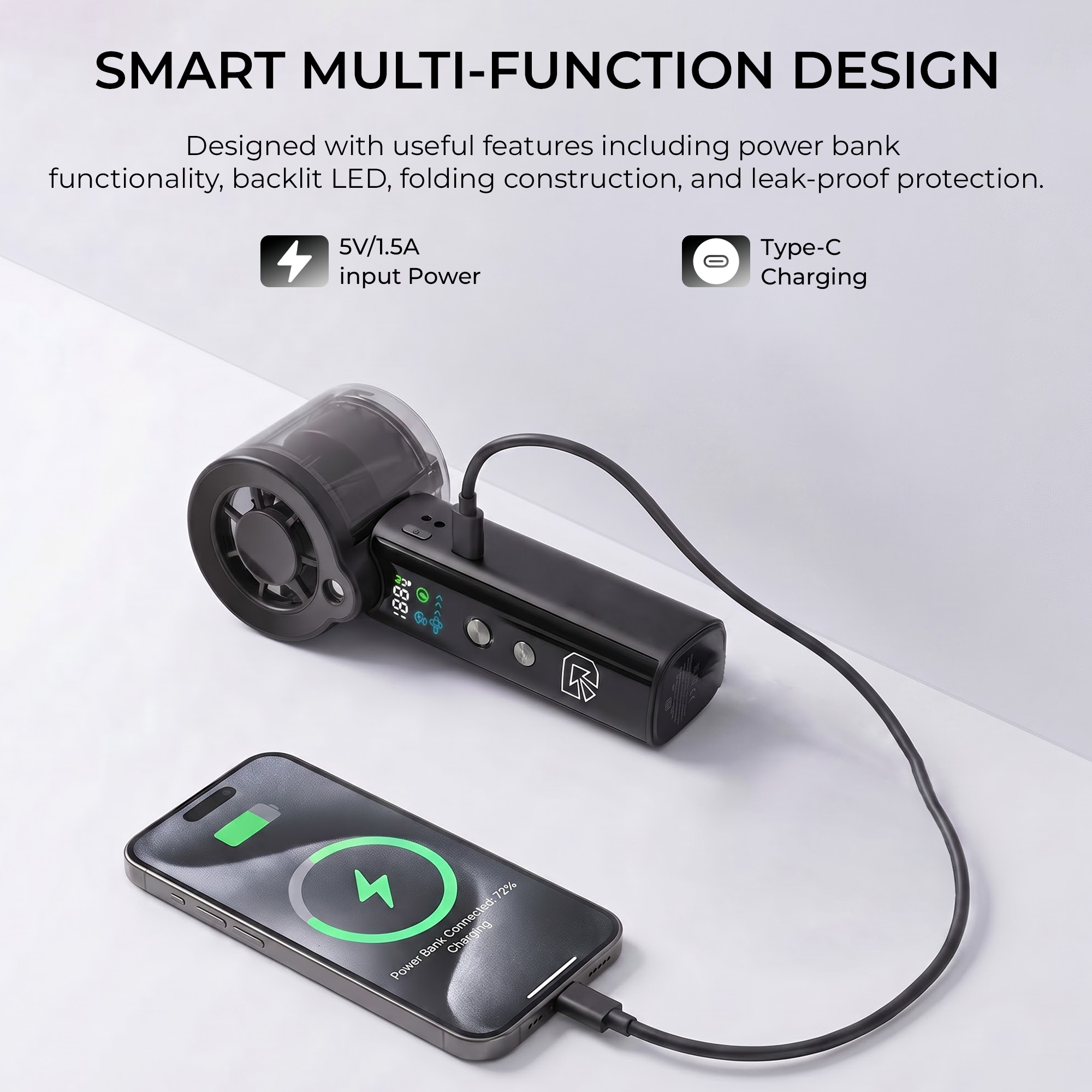 Digitek DFP-FS1 Portable Handheld Spray Fan | 7.5W Powerful Cooling | 100 Stepless Speed Levels | 3000mAh Battery | Nano Mist Spray | USB Type-C Charging, Power Bank Function & LED Display