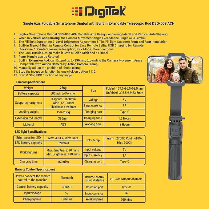 Digitek (DSG 003 ACH) Single Axis Foldable Smartphone Gimbal with Built in Extendable Telescopic Rod