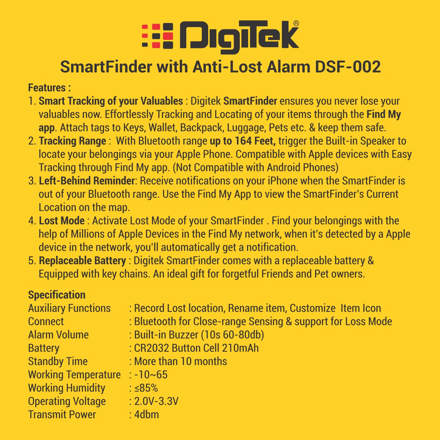 Digitek SmartFinder (DSF 002) Wireless Bluetooth Anti-Lost Anti-Theft Alarm Device Tracker Work with iOS Devices.