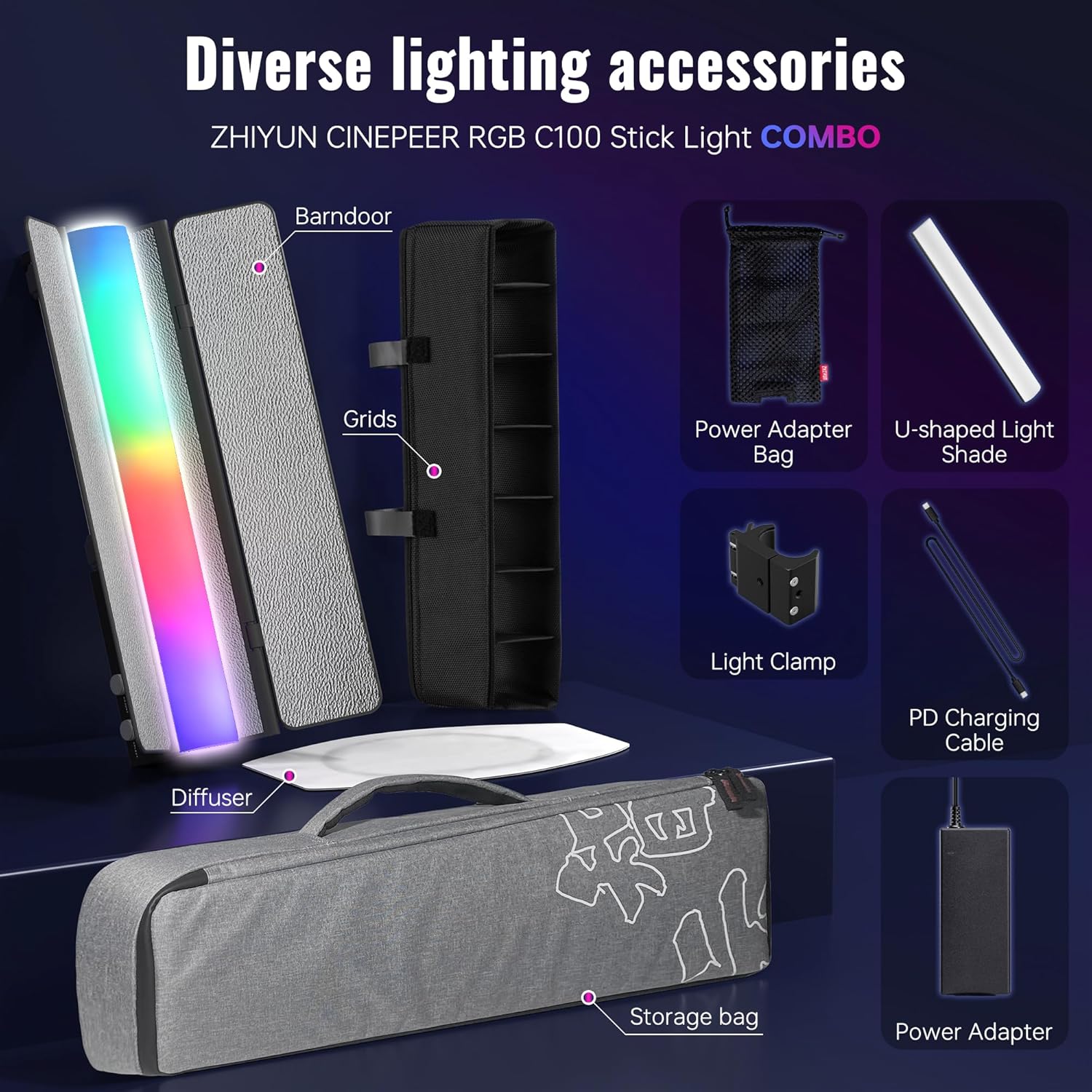 ZHIYUN CINEPEER C100 100W RGB Stick Light LED APP Control Video Light Wand Handheld 2700K-6500K CRI 95+ TLCI 98+ Continuous Output Lighting for 6 * 4500 mAh Photography 14.3" Tube Light Combo