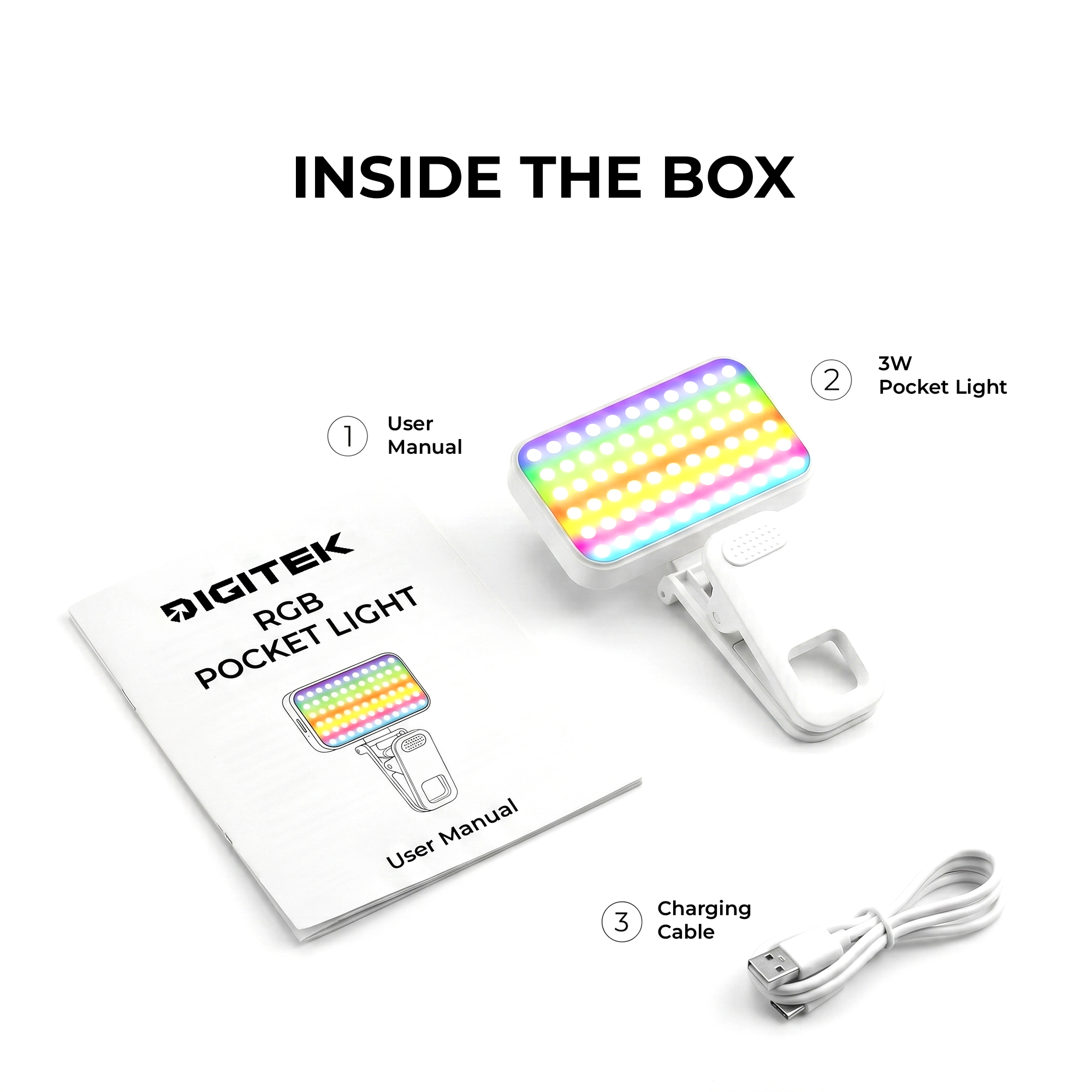 Digitek LED-D3W RGB Pocket Light, 3W Rechargeable RGB Video Light, 2700K-6500K Adjustable Color Temperature, 32 LED Beads, 23 RGB Effects, 180° Rotation, Type-C Charging for Photography, Vlogging