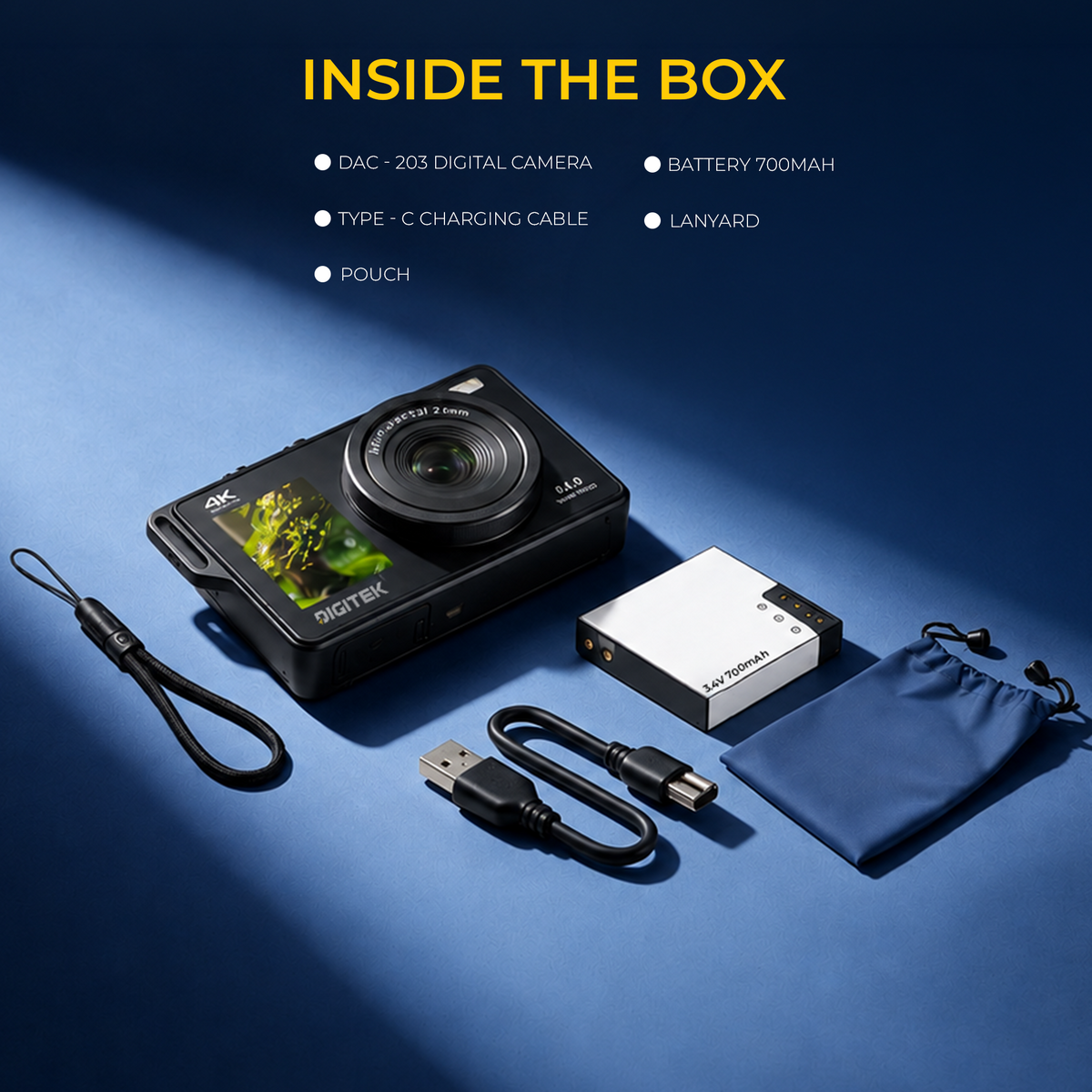 Digitek DAC-203 4K Digital Camera, 80MP Photo Resolution, 4K 30FPS Video, 18X Digital Zoom, Dual LCD Screen, 65°-100° Lens, Auto Focus, Built-in Fill Light, WiFi Connectivity, Type-C Charging