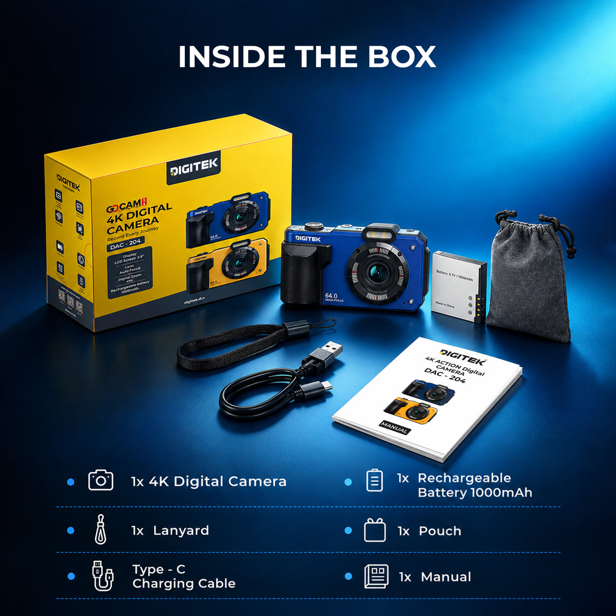 Digitek DAC-204 4K Digital Camera, 64MP Photo Resolution, 4K Ultra HD Video Recording, 2.88 Inch LCD Screen, Auto Focus, 18X Digital Zoom, WiFi Control, Slow Motion, Time-Lapse, Type-C Charging