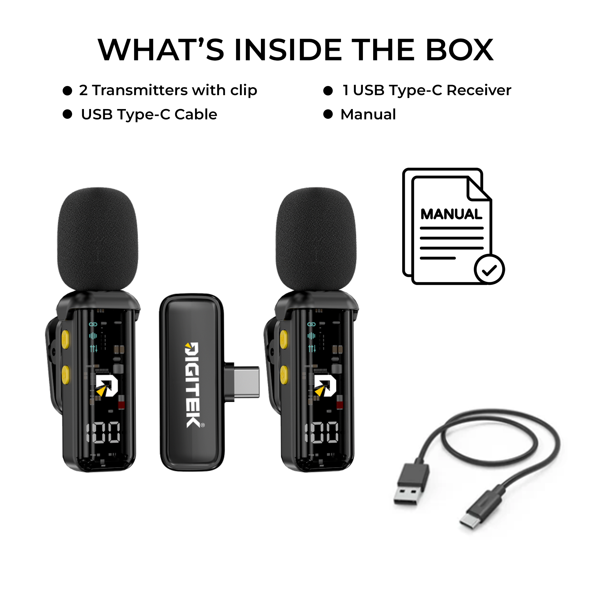 Digitek DWM-015 2-in-1 Wireless Microphone for iPhone 15 Series & USB-C Android Devices, Dual Transmitters, 2.4GHz Plug & Play Lavalier Mic, Noise Reduction, Echo Mode, 20m Range, 4H Battery Life
