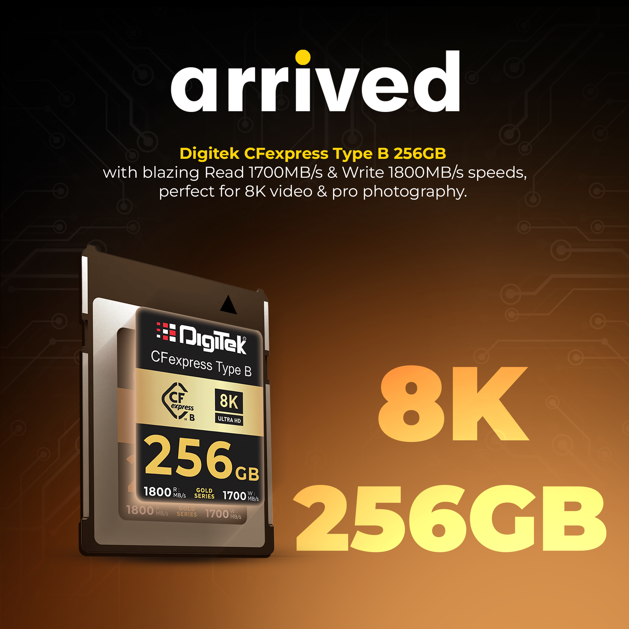 Digitek CFexpress Type B 256GB Gold Series – 1800MB/s Read, 1700MB/s Write, 8K Ultra HD