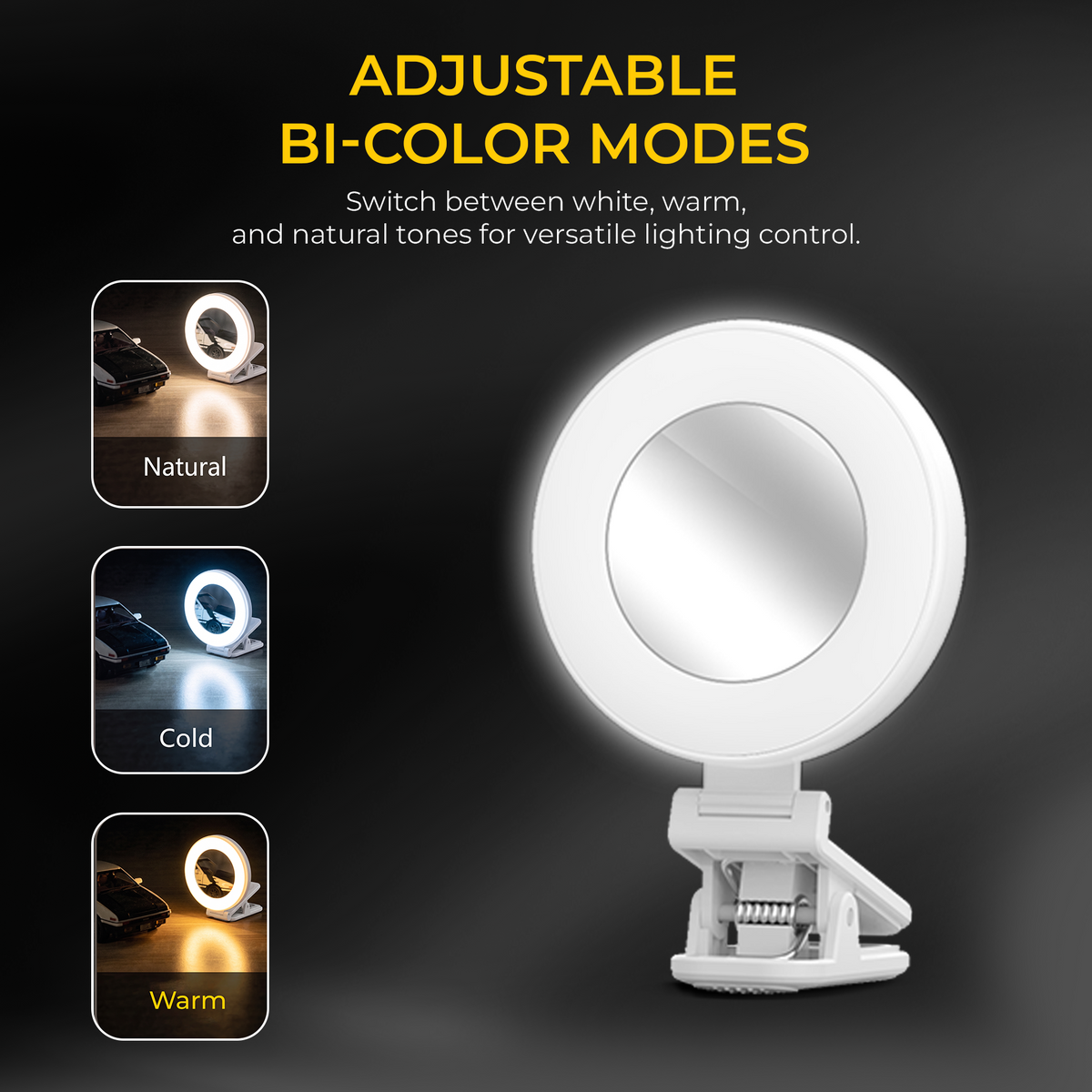 Digitek LED-D3 W Bi-Color Pocket Light with Mirror, 3W Rechargeable Selfie Light, 2700K-6500K Adjustable Color Temperature, 32 LED Beads, 180° Rotation, Type-C Charging, Clip-On Light for Makeup