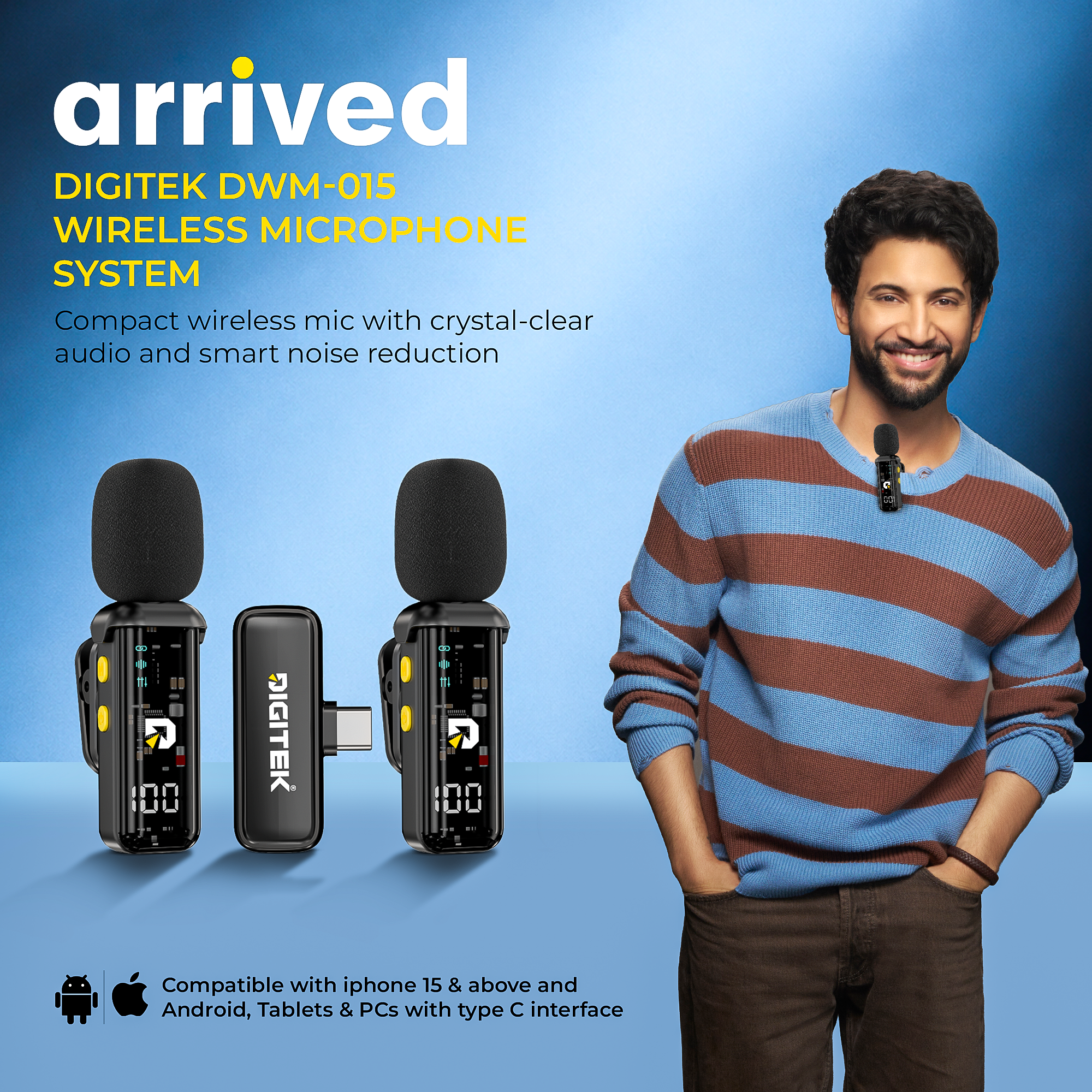 Digitek DWM-015 2-in-1 Wireless Microphone for iPhone 15 Series & USB-C Android Devices, Dual Transmitters, 2.4GHz Plug & Play Lavalier Mic, Noise Reduction, Echo Mode, 20m Range, 4H Battery Life