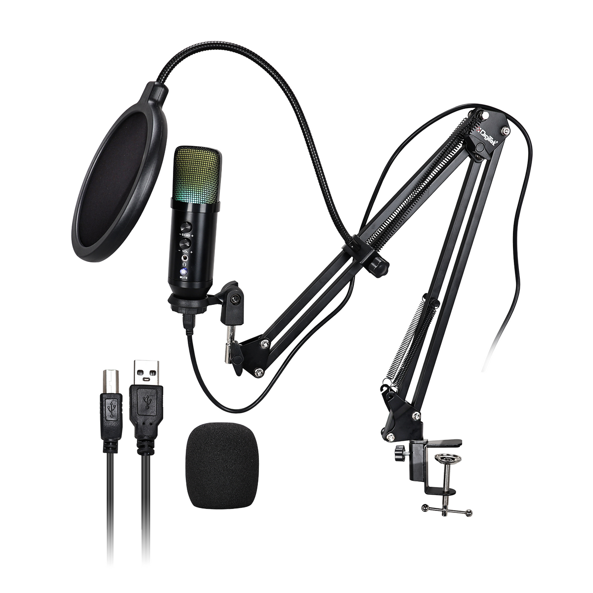 Digitek (DM 401) RGB USB Condenser Microphone Kit with BoomArm, Pop Filter, Shock Mount, Mic Cover, Desktop Mount, Tripod USB Cable, Compatible