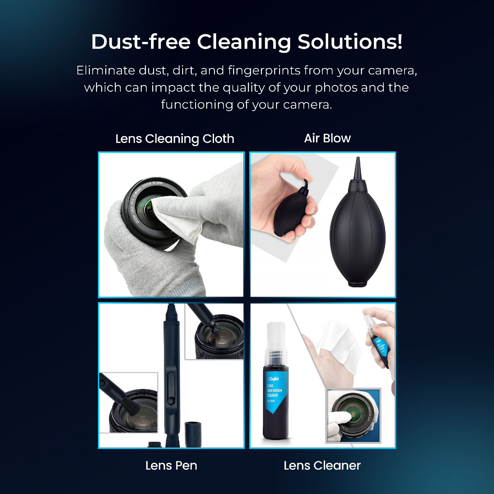 Digitek (DCK-004) Professional 8-in-1 Camera Cleaning Travel Kit, Ideal for Cleaning Lenses, Cameras, Filters, Displays - Digitek