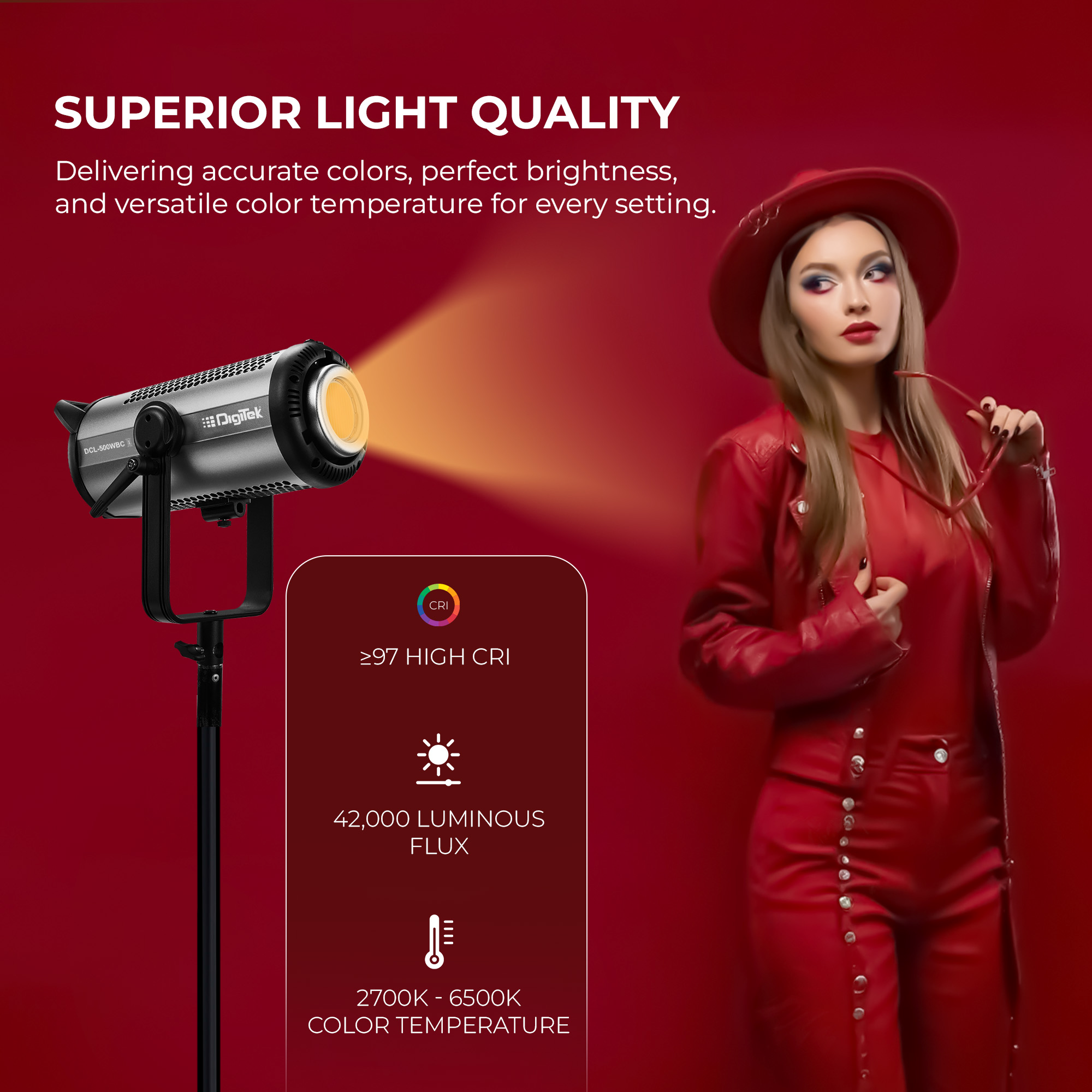 DIGITEK (DCL-500 WBC Combo) 460W Bi Color Continuous LED Video Light with 18CM Reflector, AC Support, 2700K-6500K Color Temp Control, ≥97 CRI, 42000 Lumen, Ideal for YouTube, Photo & Videoshoots