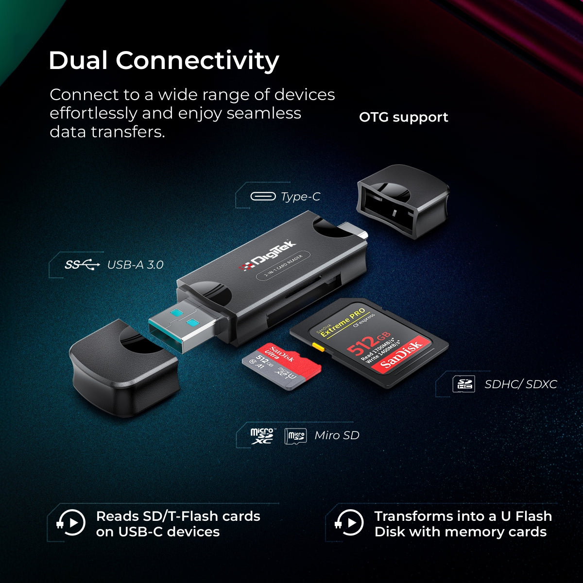 Digitek (DCR-007) USB-A 3.0 & Type C High-Speed Multi-Card Reader DCR-007