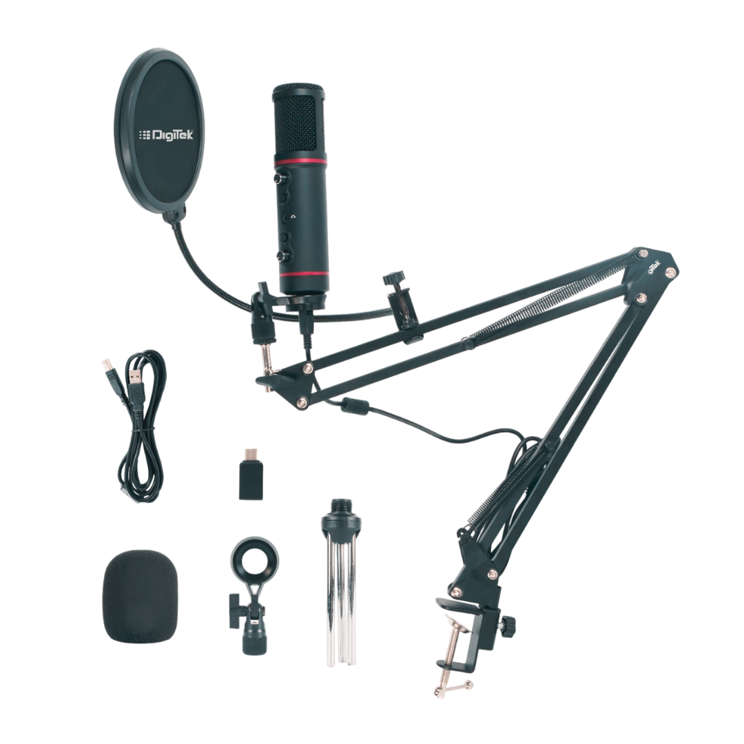 Digitek (DM-501) USB Podcast & Gaming Condenser Microphone Kit with Arm & Pop Filter, High Sensitivity, Noise Cancellation, Vol Adjustment & Mute, Use with PS4, PS5 ,PC & Smartphone for Live Streaming
