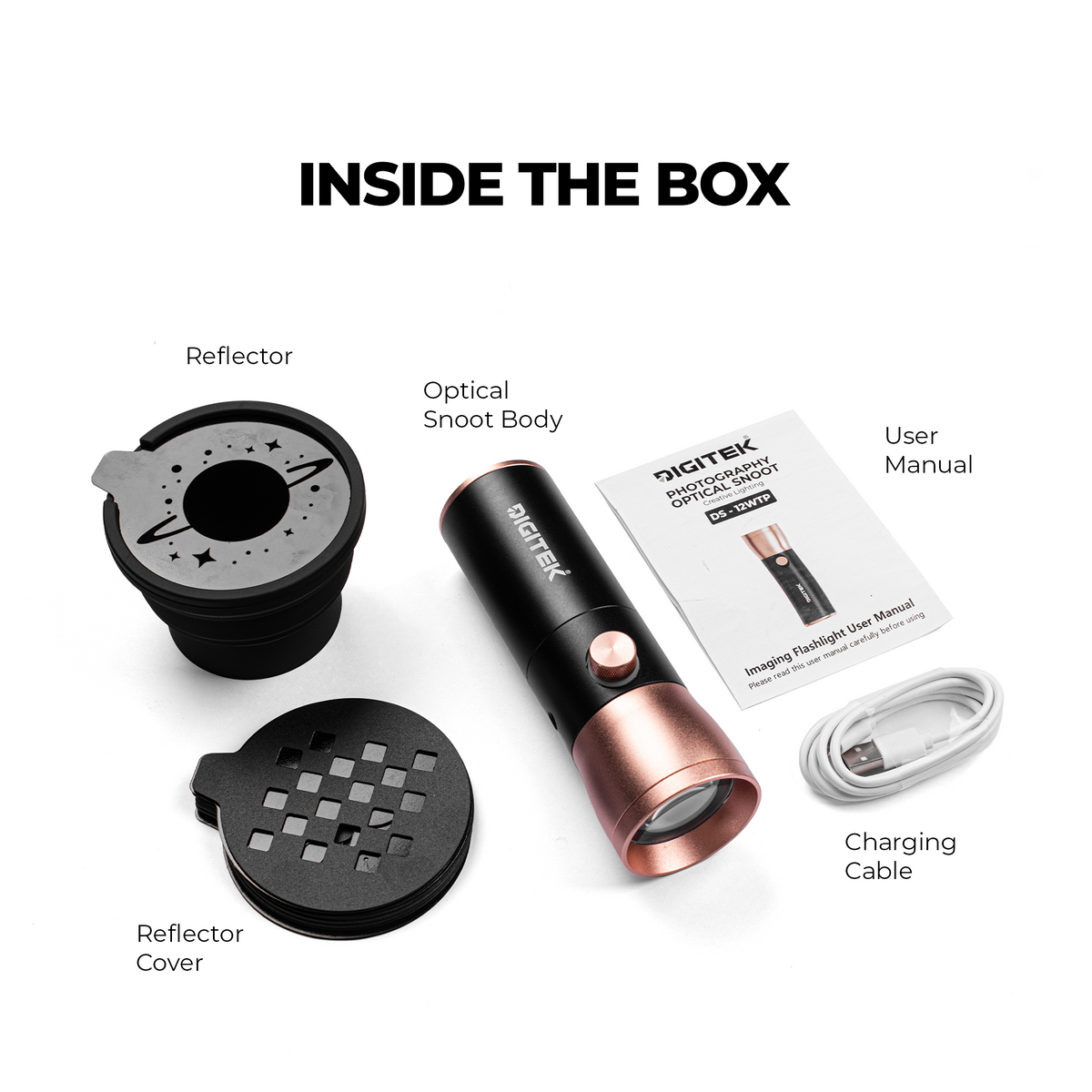 Digitek DS-12 WTP Photography Optical Snoot Light 12W, 780mAh Battery, CRI 95+, 4 Color Light Modes, 20 Projection Gobos, 1-100% Dimming, Type-C Fast Charging, Creative Photography Lighting