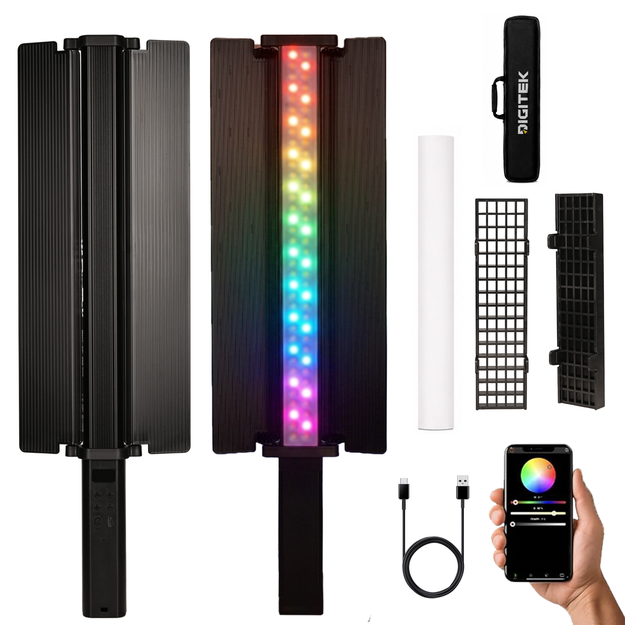 Digitek (DSL-30W RGB) Portable Handheld RGB LED Light Wand with Grid, Diffuser & Barn Door Comes with a 5200mAh Built in Battery Pack.