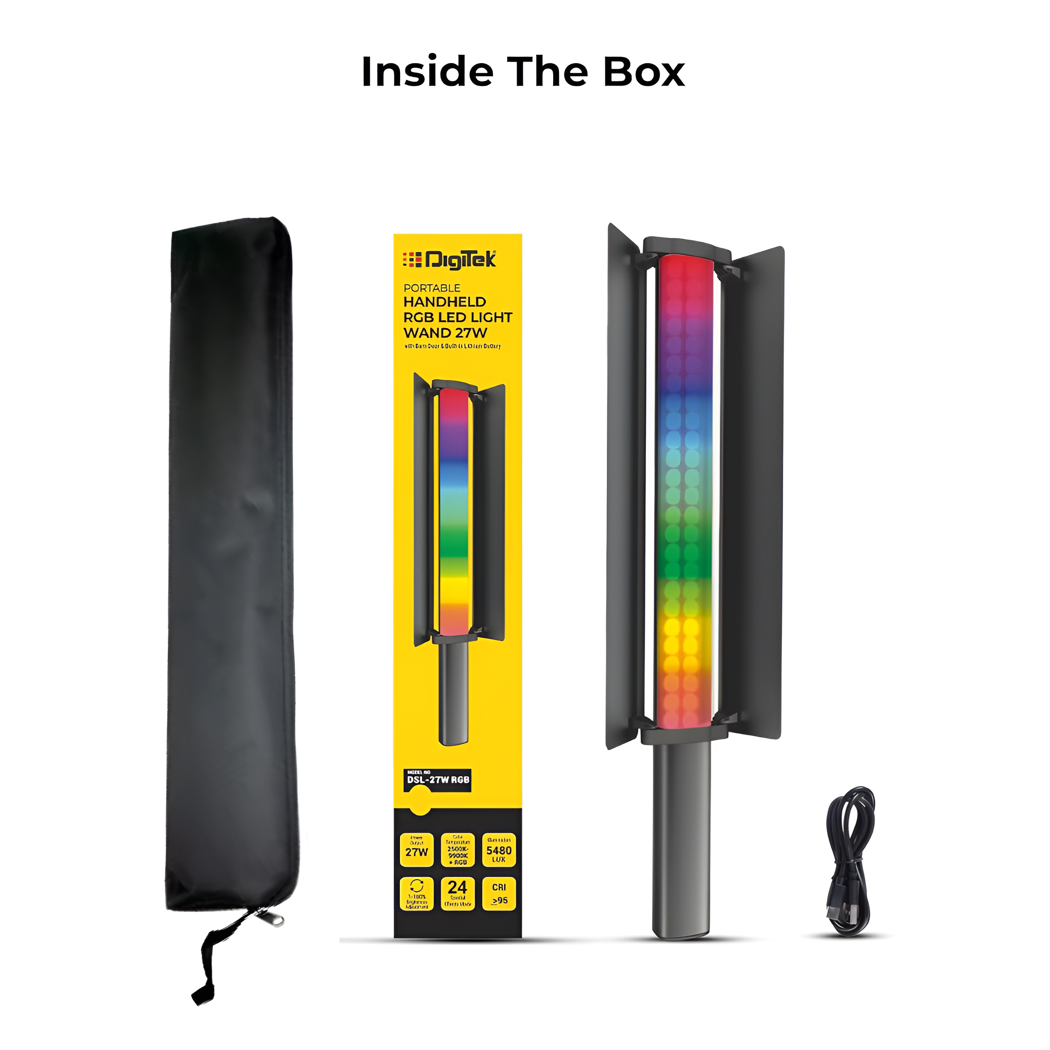 Digitek (DSL 27W RGB) 27W LED Stick Light Wand with Barndoor & Built-in Battery, 2500K-9900K + RGB, 5480 Lux, 24 FX Modes, CRI 95+, OLED Display, 0-360° HSI, Type-C Charging, For Photo & Videography