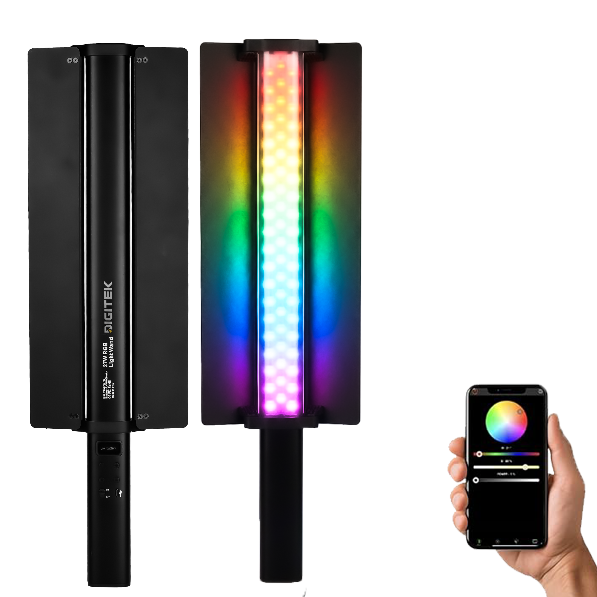 Digitek (DSL 27W RGB) 27W LED Stick Light Wand with Barndoor & Built-in Battery, 2500K-9900K + RGB, 5480 Lux, 24 FX Modes, CRI 95+, OLED Display, 0-360° HSI, Type-C Charging, For Photo & Videography