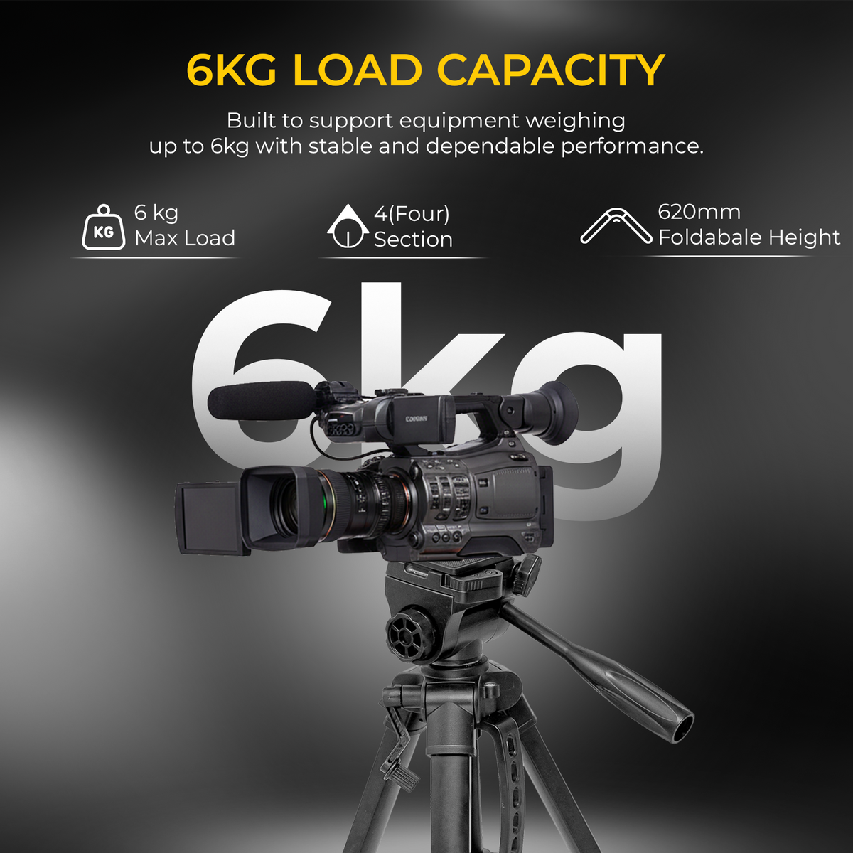 Digitek DTR-585 LW Heavy Duty Tripod Stand for DSLR Camera & Mobile, 1800mm Height, 6kg Load Capacity, 3-Way Pan Head, 360° Rotation, 4-Section Aluminium Tripod with Mobile Holder & Carry Bag