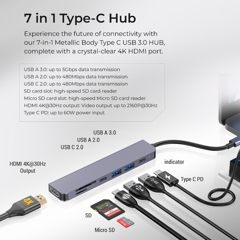 Digitek (DUH-007) 7 in 1 Type C USB HUB with 4K HDMI Port, 60W PD Type C Charging,1 x USB A 3.0 & 1x USB C 2.0 & 1x USB A 2.0 Port, Micro SD & SD Card Slo