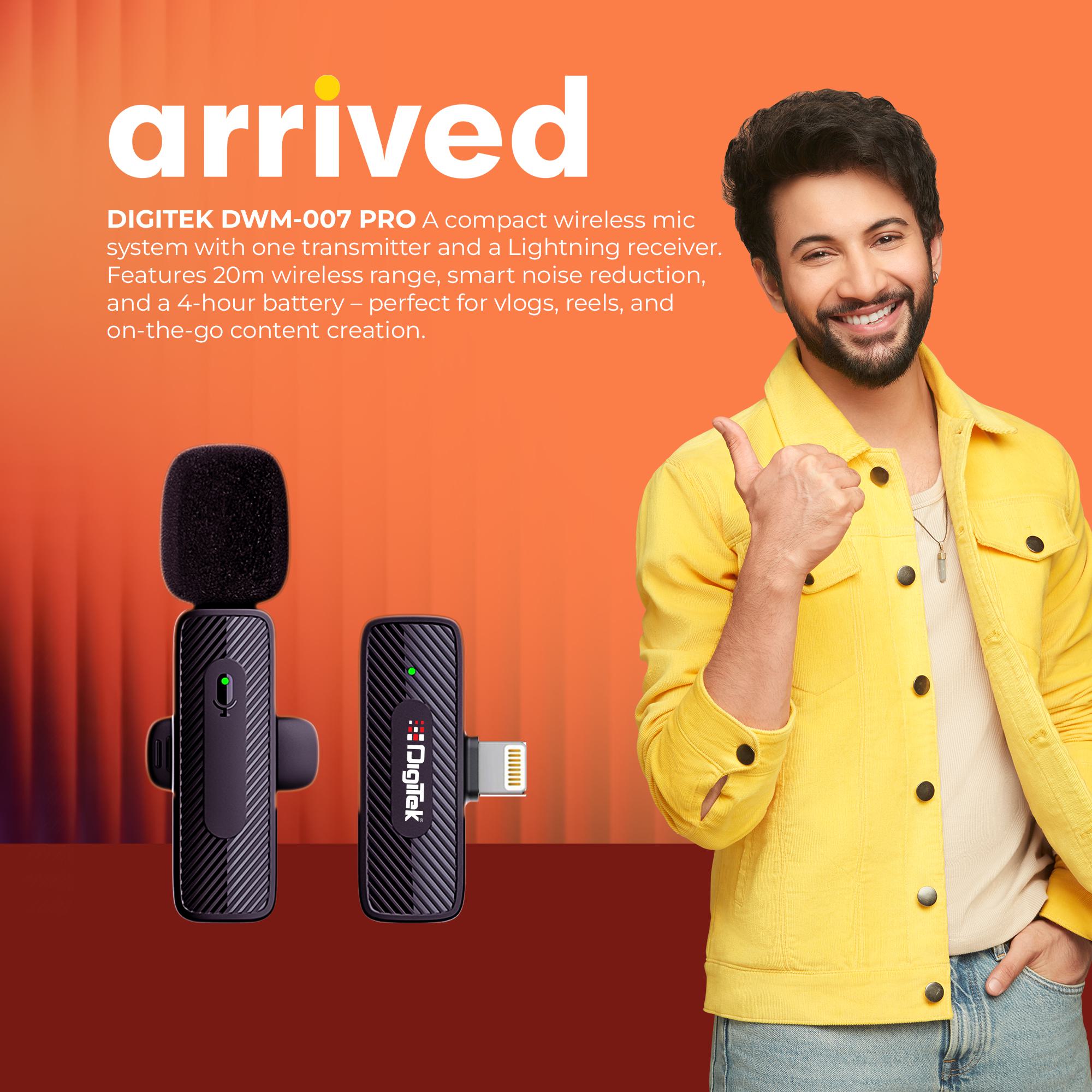 Digitek® (DWM-007 PRO) Wireless Microphone & Receiver with Lightning Connector, 2.4GHz Frequency, 4Hr Battery, 20m Range, Compatible with iPhone & iPad, For Voice Recording, Interview & Live Streaming